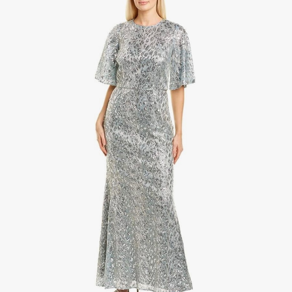 NWT JS Collections Sequin Flutter Sleeve Trumpet Gown - Blue and Silver Metallic